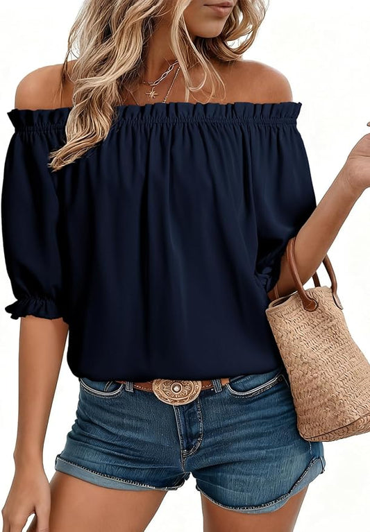 EVALESS Womens Tops Off The Shoulder Blouses for Women Dressy Casual Cute Puff Sleeve T Shirts Fashion 2026 by EVALESS