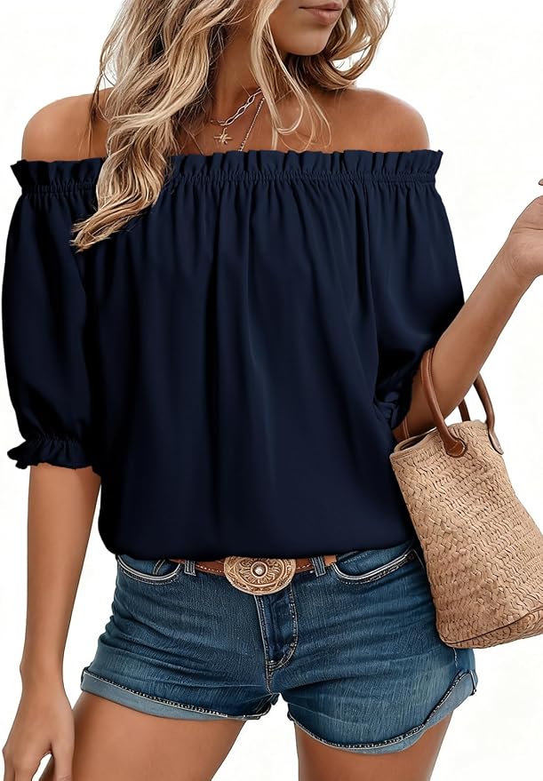 EVALESS Womens Tops Off The Shoulder Blouses for Women Dressy Casual Cute Puff Sleeve T Shirts Fashion 2026 by EVALESS