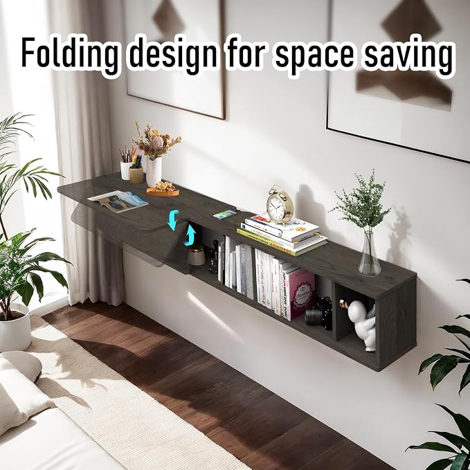 Pmnianhua 63'' Floating Desk with Storage Shelves,Wall Mounted Desk Laptop Computer Writing Study Table for Bedroom Small Space(Dark Grey) - Image 7