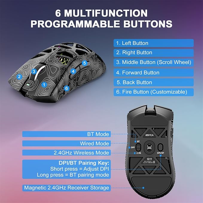 G11 Lightweight Wireless Gaming Mouse for FPS & Competitive Gaming, Tri-Mode Bluetooth 5.1/2.4GHz/USB-C, 22000 DPI RGB Mouse with Programmable Buttons for PC, Laptop & Mac - Image 5
