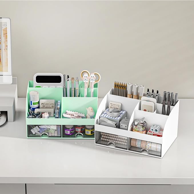 COMFYROOM Desk Organizer with 6 Compartments and 2 Drawers, Plastic Makeup Organizer, Pen Holder for Desktop Storage, Desk Organization for School, Home, Office Supplies (Mint Green) - Image 5