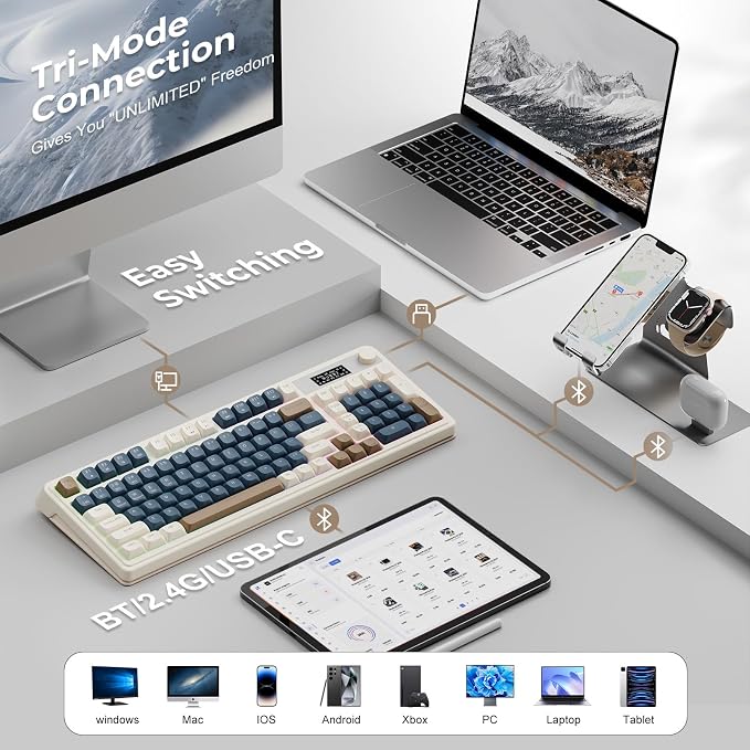 AULA S99 Pro Wireless Keyboard, Gaming Keyboards Media Knob Custom RGB Backlit, 3-Modes BT/2.4G/USB-C Membrane Cute Creamy Keyboard for Windows/MAC/PC Gamer - Blue White - Image 4