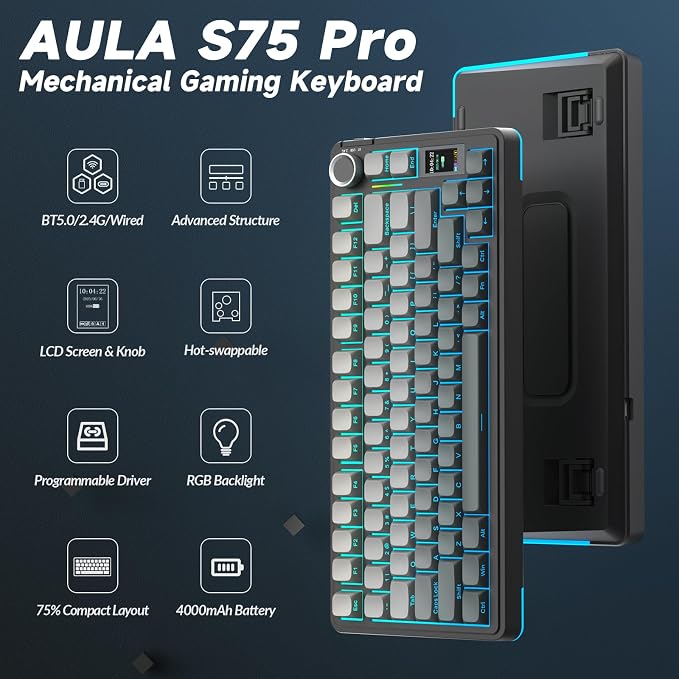AULA S75 PRO Wireless Mechanical Keyboard with Screen&Knob, Tri-Mode Hot Swappable Gaming Keyboard 75%, Pre-lubed Switches, RGB Backlit, Side Printed PBT Keycaps, Creamy Sounding Computer Keyboards - Image 2