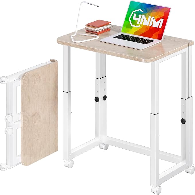 4NM No Tool Assembly 23.6" Small Desk, Folding Portable Desk with Wheels, Adjustable Height Foldable Computer Home Office Desks, Collapsible Study Writing Table for Space Saving Bedroom - Cloud Oak by 4NM