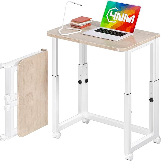4NM No Tool Assembly 23.6" Small Desk, Folding Portable Desk with Wheels, Adjustable Height Foldable Computer Home Office Desks, Collapsible Study Writing Table for Space Saving Bedroom - Cloud Oak by 4NM
