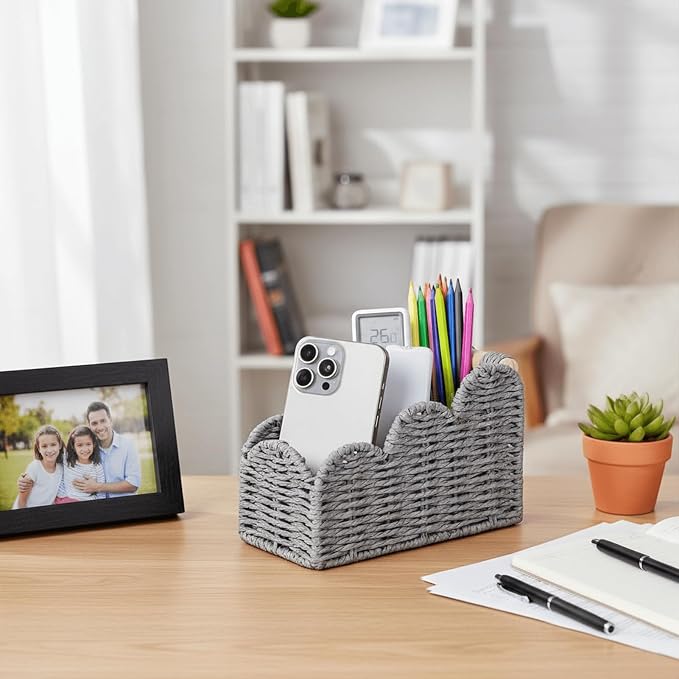 CubesLand Bedside Table Desk Organizer Caddy, Remote Pen&Pencil Holder Cup | Makeup Brush Holder w/Scalloped Perfect for Home, Office Desk, Living Room Table Decor, 3 Slots Grey - Image 6