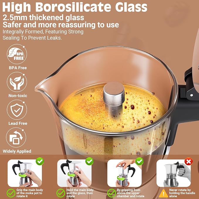 4 Cup 200ml Glass Moka Pot, Stovetop Espresso Maker, Silver | Crystal Glass-top & Stainless Steel Coffee Maker, Induction Compatible, for Greca de Cafe, Cuban and Italian Coffee Brewing - Image 3
