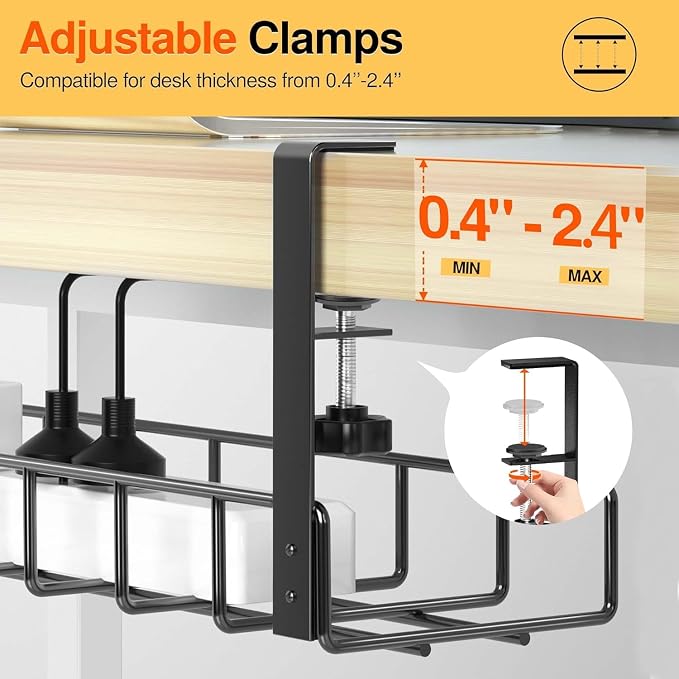 3 Pack Cable Management Under Desk Tray, 47.1" No Drill Under Desk Wire Management with Upgraded Clamp, Metal Cord Organizers with Cable Organizers, PC Cord Organization Rack, Black - Image 6