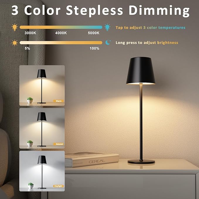 Kakanuo Cordless Table Lamp, 3 Color Stepless Dimming, 5000mAh Rechargeable Battery Powered, Outdoor LED Lamps, for Dining Room, Living Room, Bedroom, Bar, Cafe, Restaurant, Patio, Camping - Black - Image 2