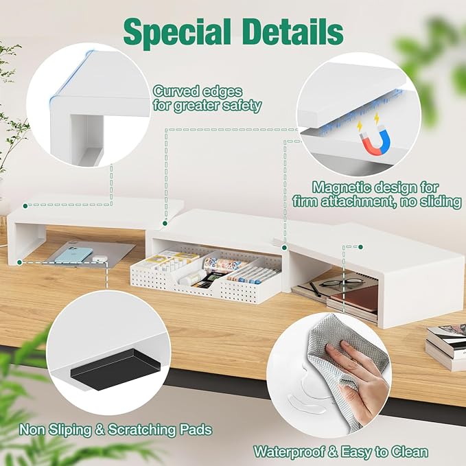 OPNICE Desk Organizer, Dual Computer Monitor Stand Riser with Drawer, Office Desk Accessories & Workspace Organizers, White - Image 3
