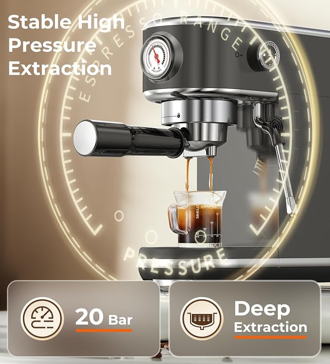 atatix 20 Bar Espresso Machine with Milk Frother, Compact Espresso Maker | Stainless Steel Coffee Machine with Precise Temp Control, 44oz Removable Water Tank for Latte, Cappuccino, Dark Grey - Image 4