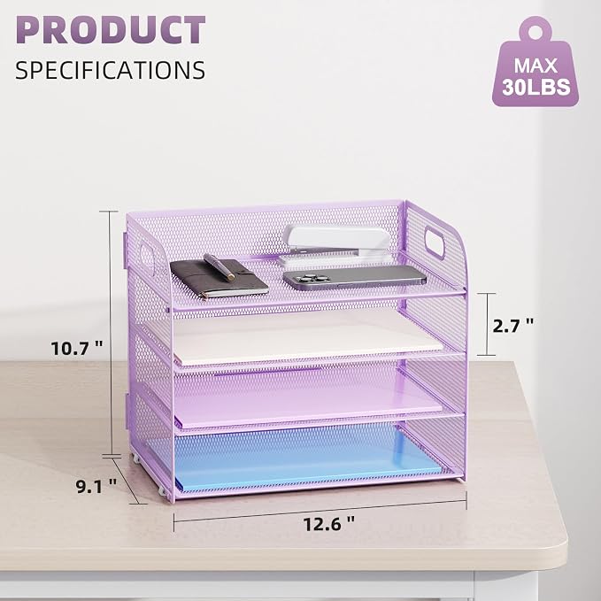Marbrasse 4 Tier Paper Organizer Letter Tray - Mesh Desk File Organizer with Handle, Paper Sorter Organizer for Letter/A4 Office File Folder Holder (Purple, 12.6" x 9.1" x 10.7") - Image 3