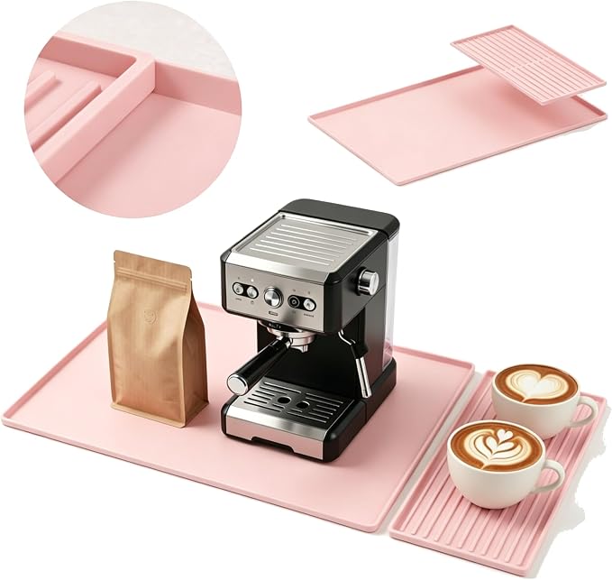 Silicone Coffee Mat 24 x 16 in with Tray, Soft Light Pink | Coffee bar mat for countertop use, coffee station mat or coffee machine mat with removable tray and 0.47 in raised rim. by DXOKNQG
