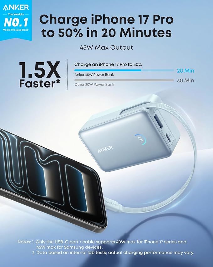 Anker Nano Power Bank, 45W 10,000mAh Portable Charger, iPhone Battery Pack | Built-In Retractable USB-C Cable, for iPhone 17 / 16 Series, iPad, Galaxy, Pixel, and More, Compact Travel Design - Image 2