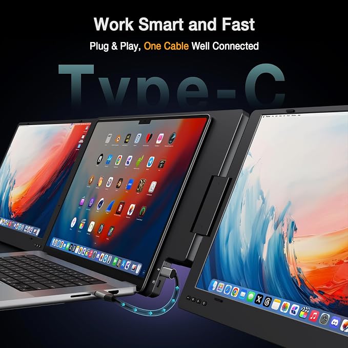 KYY 15.6" Laptop Screen Extender, 1080P FHD IPS Portable Monitor, One Cable USB-C Triple Monitor, Dual Travel Screen for 12"-17'' Laptops, 360° Rotation & Kickstand，X90D (Driver Need) - Image 3