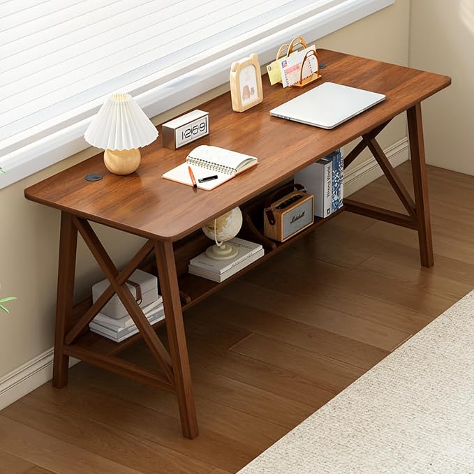 NELYE Extra Long Writing Desk with Bookshelf, 55" Wx20 Dx30 H, Walnut | Wooden Home Office Work Study Table, Computer Gaming Workstation with Storage Shelf, Sturdy MDF Resists Wobble by NELYE