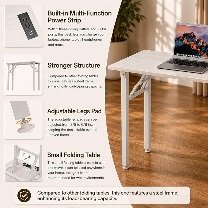 Folding Table Computer Desk - 55.1" No Assembly Folding Desk with Power Outlets & USB Charging Port, Small Desk, Foldable Office Desk, Compact Storage Portable Use for Small Space, White Ash - Image 8