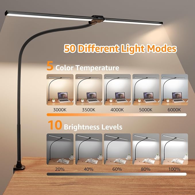 ShineTech LED Desk Lamp for Home Office, Ultra Bright Clamp Light with Flexible Gooseneck, 25 Lighting Modes, Eye-Caring Architect Lamp for Dual Monitors, Reading & Gaming Setup - Image 2