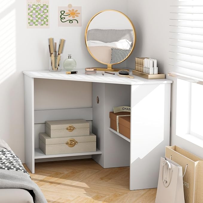 Tangkula White Corner Desk - 90 Degrees Triangle for Computer, Small Space, Bedroom, Makeup Vanity Desk with Storage Shelves & CPU Stand, Space Saving Writing Desk - Image 4