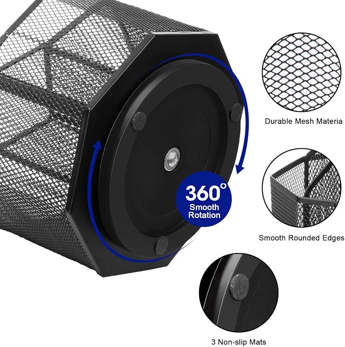 Comix Mesh 360° Rotating Pen Holder, Desk Organizer for Home Office, Black | 9 Compartment Pencil Holder, Sticky Notes Holder, Pen Organizer Office Supplies - Image 4