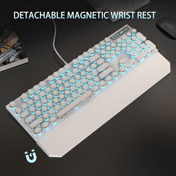Camiysn Typewriter Style Mechanical Gaming Keyboard, White Retro Punk Gaming Keyboard with Blue Backlit, 104 Keys Blue Switch Wired Cute Keyboards, Round Keycaps for Windows/Mac/PC - Image 6