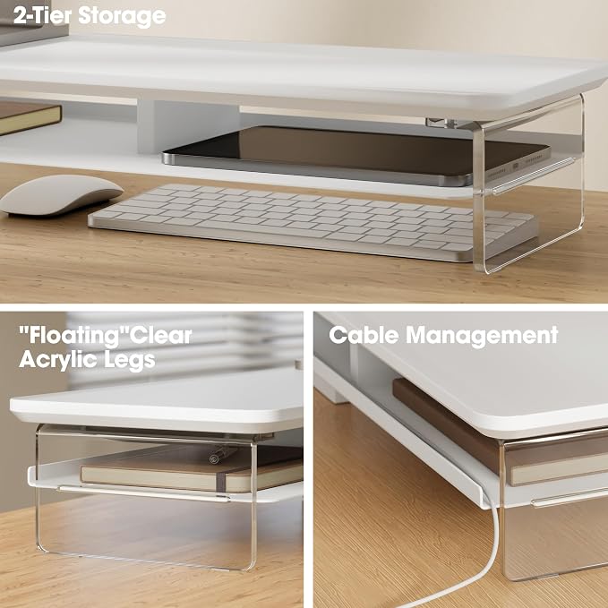 Fenge 42.5" Dual Monitor Stand with Clear Acrylic Legs, White | Clear acrylic, storage compartment, 2-tier home office monitor riser, wide large desktop shelf fit monitor/laptop/printer - Image 3