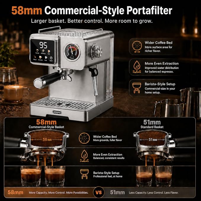 58mm Espresso Machine with Milk Frother, 20 Bar Semi-Automatic Coffee Maker, Visual Pressure Gauge & Touchscreen LCD Display, Professional Home Espresso Machine for Latte & Cappuccino, Silver - Image 2