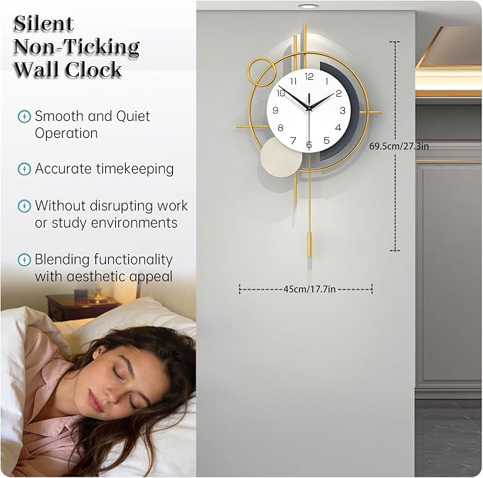 Large Wall Clocks for Living Room Decor Modern Wall Clock Battery Operated Silent Non-Ticking for Bedroom Office Kitchen Home Decoration Gold Metal Unique Wall Watch Clock 17.7x27.3in - Image 4