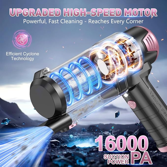 KMM Handheld Car Vacuum Cleaner, 16000PA Air Duster & Vacuum Cleaner, 120W High Power Hand Held Vacuum Cordless, Portable Vacuum Rechargeable with Multi-Nozzles & LED Light for Car, Home, Pet, Office - Image 2