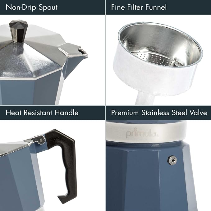 Primula Classic Moka Pot Stovetop Espresso and Coffee Maker, Italian and Cuban Cafetera for Rich Espresso Brewing, Durable Aluminum Greca Coffee Maker with Easy Grip Handle, 6-Cup, Blue - Image 4