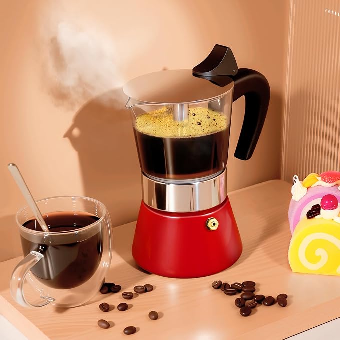 4 Cup 200ml Glass Moka Pot, Stovetop Espresso Maker, Red | Crystal Glass-top & Stainless Steel Coffee Maker, Induction Compatible, for Greca de Cafe, Cuban and Italian Coffee Brewing - Image 6