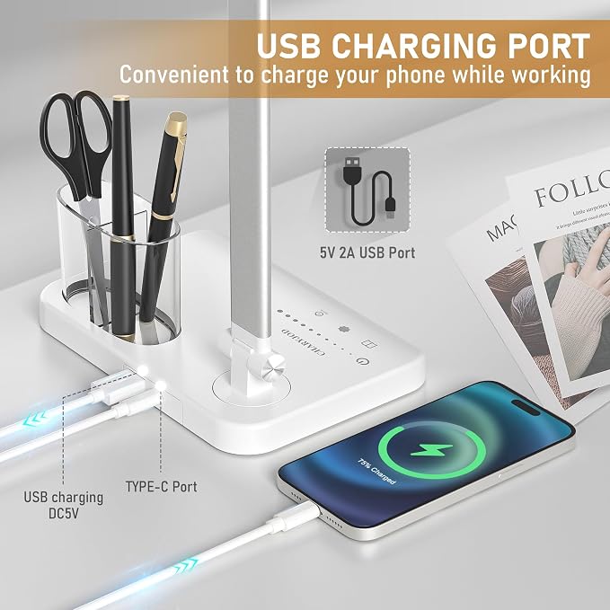 LED Desk Lamp for Home Office Desk Light Table Lamp 50 Lighting Modes Timer | Eye-Caring Desk Lamp with USB Adapter, Foldable Dual Swing Arm Architect for Reading, Study, Workbench - Image 2