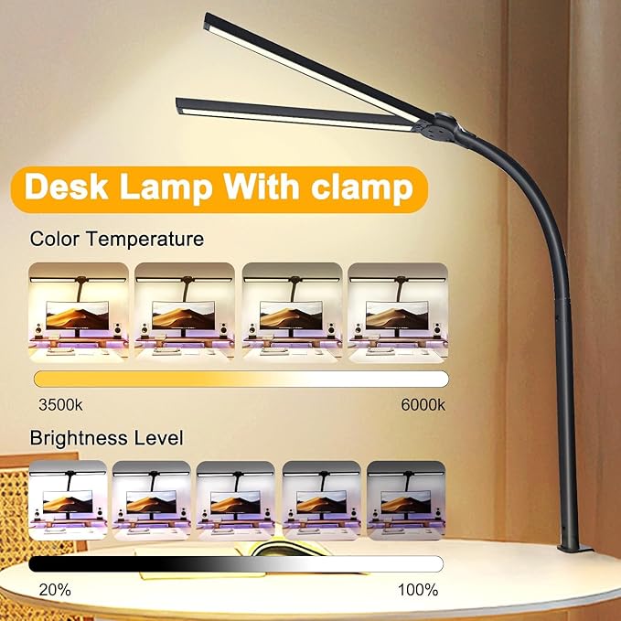 Double Head LED Desk Lamp for Office - Eye Caring Lamp with Clamp | Flexible Adjustable Lighting Gooseneck Desk Light, 4 Color Modes & 5 Brightness Levels for Monitor Workbench Study - Image 5