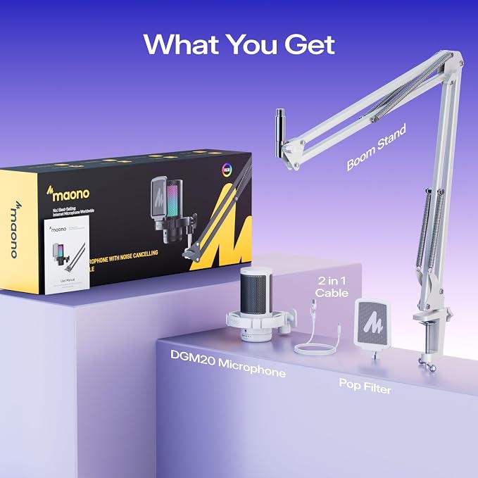 MAONO DGM20S USB Microphone for PC with Clear Voice & Noise Reduction | RGB Lighting, Tap-to-Mute, Gain Control, Monitoring and Boom Arm for Discord Gaming, Streaming, Content Creation.White - Image 9