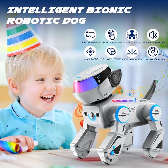 SIMREX Robot Dog Toys for Kids – Smart Interactive Robot Puppy with Bluetooth,Touch Sensor, Dance Tricks, LED Eyes, 2 Rechargeable Batteries, Gift for Kids Boys and Girls(Gray) - Image 2