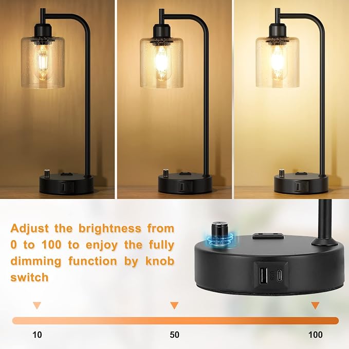 Industrial Bedside Lamps Set of 2, Fully Dimmable Desk Lamps for Bedroom | Glass Shade, USB C+A Charging Port & Outlet, Black Nightstand Table Lamps for Living Room, Office, Reading, Vintage - Image 3