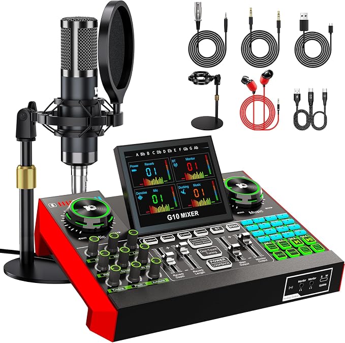 Podcast Microphone Bundle with Live Sound Board Audio Mixer, Podcast Equipment Bundle with 3.5mm Condenser Microphone(P15) for Pc/Phone Live Streaming Singing Gaming, Voice Changer, Denoise by tenlamp