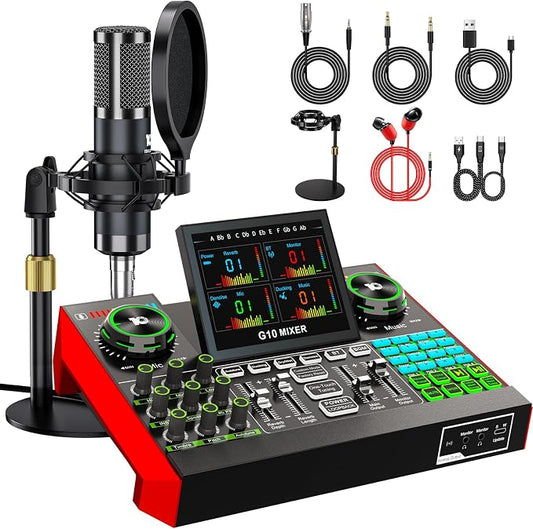 Podcast Microphone Bundle with Live Sound Board Audio Mixer, Podcast Equipment Bundle with 3.5mm Condenser Microphone(P15) for Pc/Phone Live Streaming Singing Gaming, Voice Changer, Denoise by tenlamp