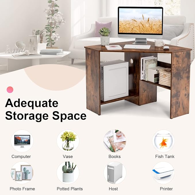 Tangkula Corner Desk, 90 Degrees Triangle Computer Desk for Small Space, Bedroom Makeup Vanity Desk with Storage Shelves & CPU Stand, Space Saving - Image 8