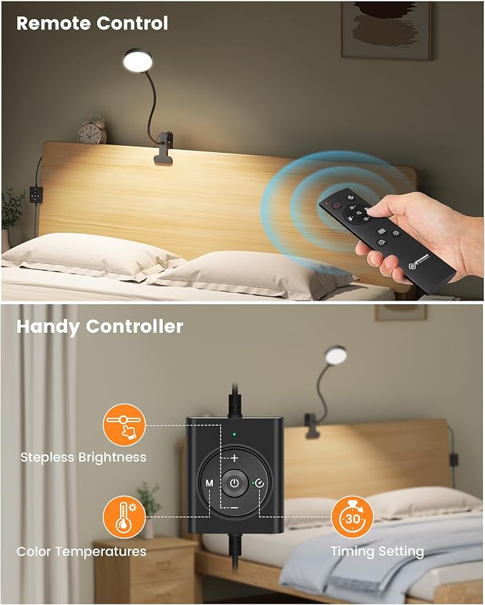 Glocusent 5W Desk Lamp with Remote, 3 Colors & 5 Brightness Reading Lights | Flexible Gooseneck Clip on Lamp, 30-Min Timer Reading Lamp, Perfect Clip on Light for Bunk,Bed,Headboard,Table,Work,Craft - Image 5