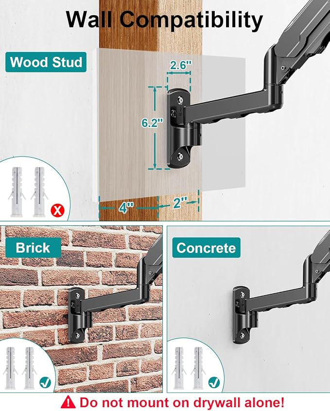 MOUNT PRO Single Monitor Wall Mount for 13 to 32 Inch Computer Screens, Height Adjustable Wall Mount Monitor Arm Holds Up to 19.8lbs, Full Motion Wall Bracket, VESA Mount 75x75, 100x100, Black - Image 5