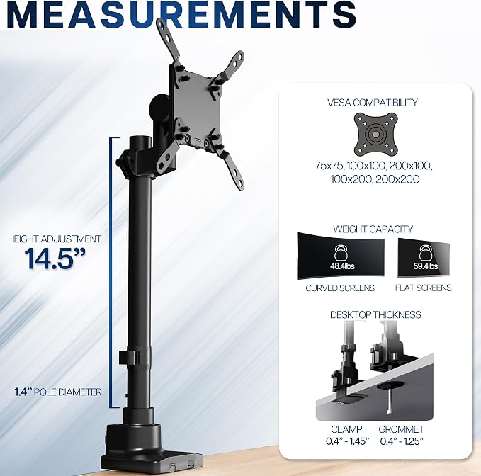 VIVO Clamp-on Single Ultra Wide Monitor Desk Mount, Low Profile Heavy Duty Adjustable Stand for 1 Ultrawide Screen up to 57 inches, 59.4 lbs Capacity, Black, STAND-V157C - Image 4