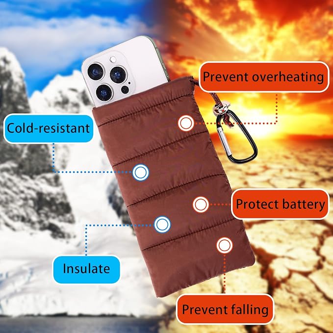Lyreh Thermal Phone Pouch, Down Cotton Warm Phone Case Cover Bags Prevents Freezing & Overheating Protector Cellphone Pouch with Carabiner Ideal for Outdoor Camping Hiking Skiing (Brown) - Image 3