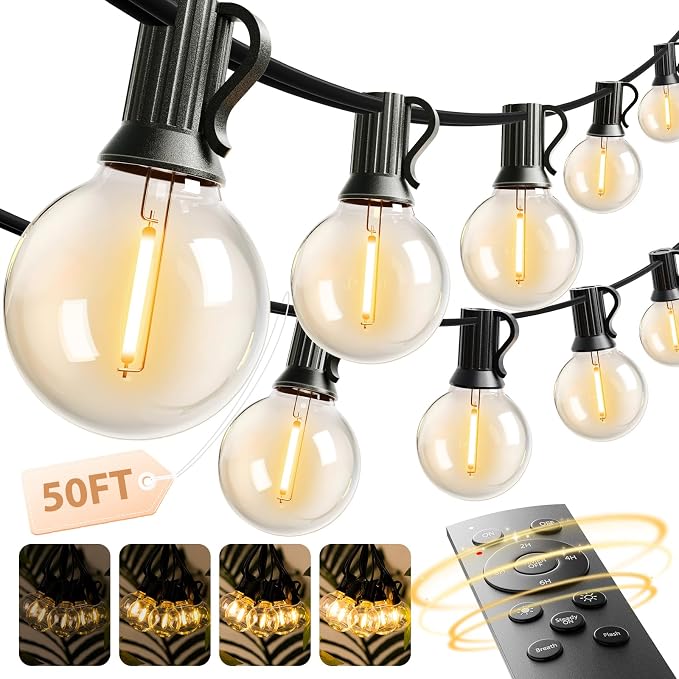 addlon Outdoor String Lights 50FT G40 with Remote 27 LED Shatterproof Bulbs | Dimmable Patio Globe Lights Waterproof, Hanging Outside Lighting for Backyard, Garden, Deck, Balcony, Porch, Café, Decor by addlon