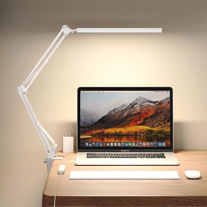 Upgrade Swing Arm LED Desk Lamp with Clamp, 80 LED Beads, 5 Color Modes & 11 Brightness Levels, 360° Adjustable Arm, Eye-Caring Light CRI95, Timer & Memory Function, for Office, Study, Crafting by TROPICALTREE