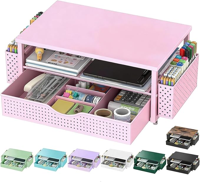 Spacrea Desk Organizer and Accessories, Computer Monitor Stand Riser with Drawer and 2 Pen Holders, Office Desk Accessories & Workspace Organizers for Office Supplies (Pink) by Spacrea
