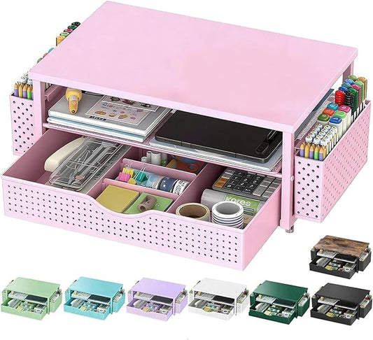 Spacrea Desk Organizer and Accessories, Computer Monitor Stand Riser with Drawer and 2 Pen Holders, Office Desk Accessories & Workspace Organizers for Office Supplies (Pink) by Spacrea