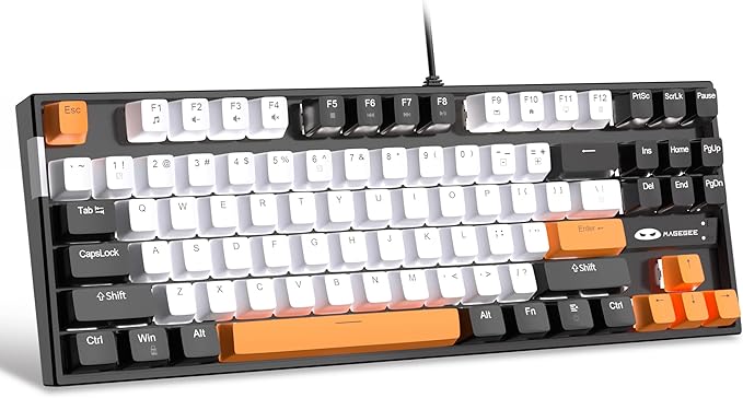 MageGee 75% Mechanical Gaming Keyboard, Yellow Switch, LED White Backlit, 87 Keys Compact TKL Wired Computer Keyboards for Windows Laptop PC Gamer - White/Black by MageGee
