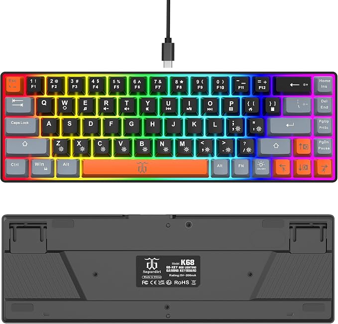 Snpurdiri 60% Percent Gaming Keyboard (68 Keys, Black-Grey-Orange) | Compact RGB Backlit Small Gaming Keyboard for Windows, PC, Laptop - Image 3