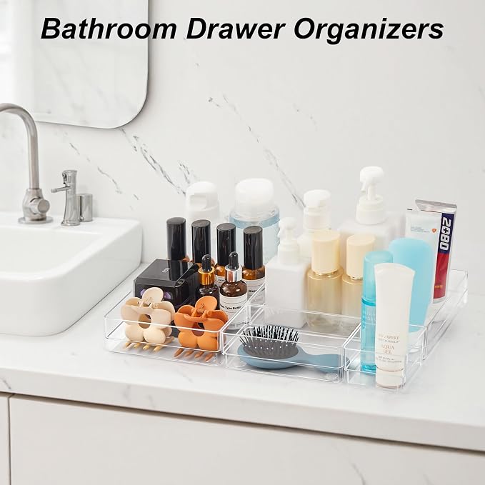 SMARTAKE 25 PCS Drawer Organizer, 4-Size Desk Drawer Organizer Trays | Storage Tray with Non-Slip Silicone Pads for Makeup, Jewelries, Utensils in Bedroom Dresser, Office and Kitchen (Clear) - Image 6